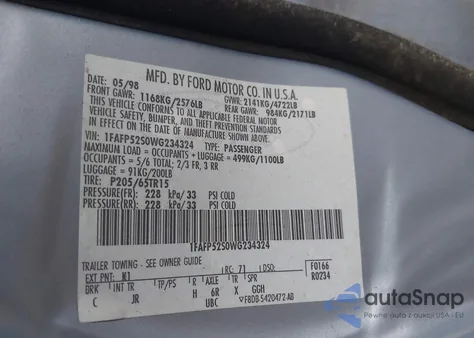 1998 Ford Taurus Lx/Se из США, поврежденный, VIN 1FAFP52S0WG234324